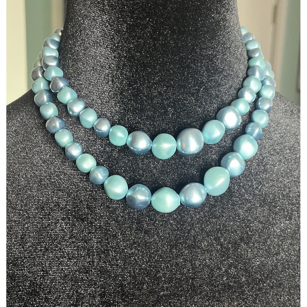Vintage Double Strand Necklace Aqua Blue Graduated Faux Pearls 1960s